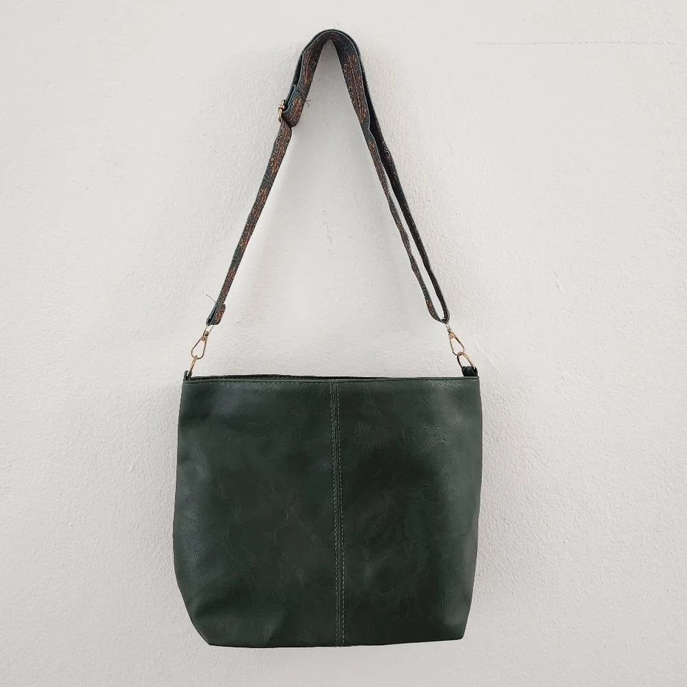 Unisex Army Green Tote Bag with Patterned Boho Strap - Picture 13 of 16